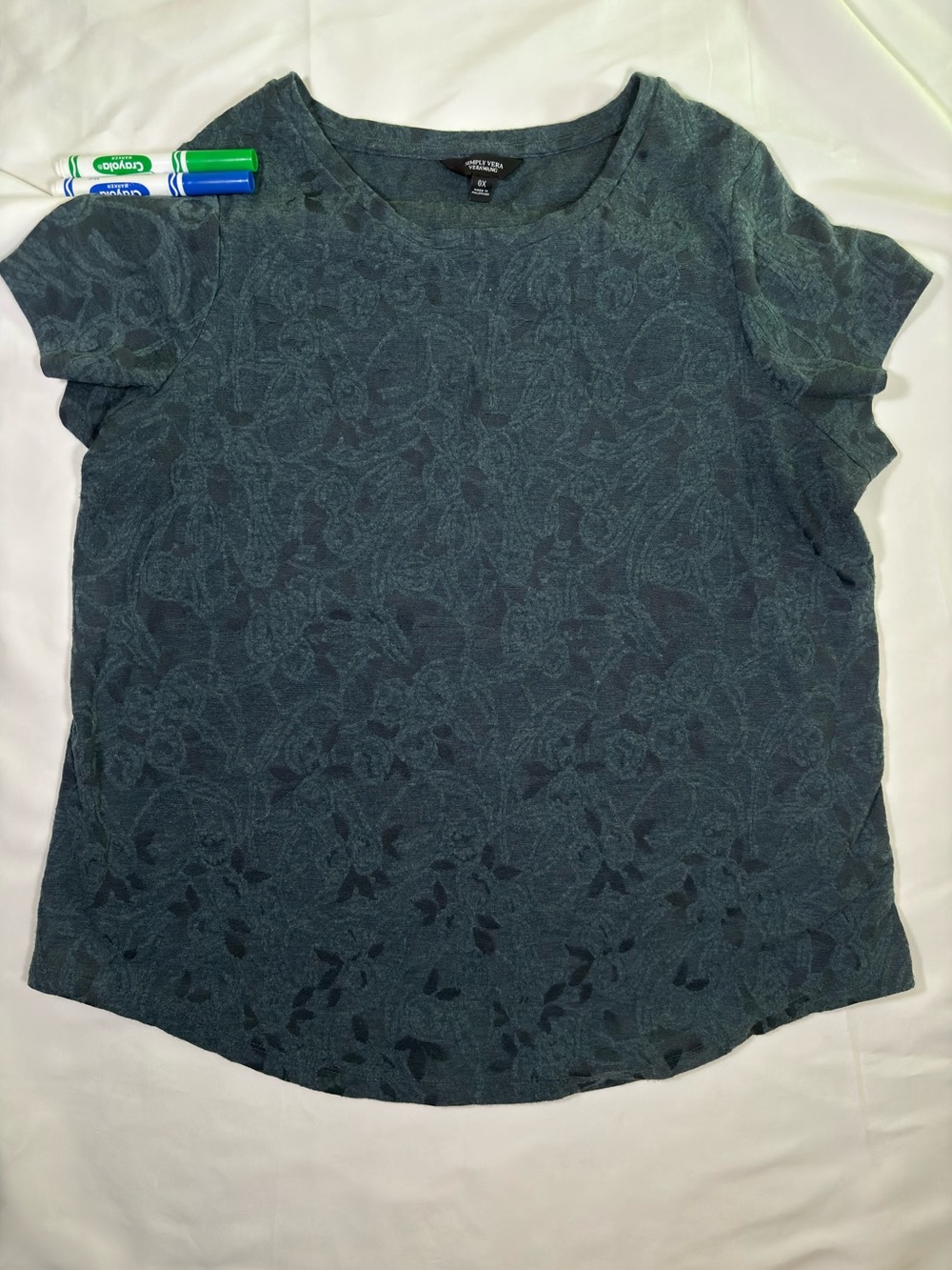 Simply Vera Short Sleeve Floral Textured Green Blue Top Sz 0X